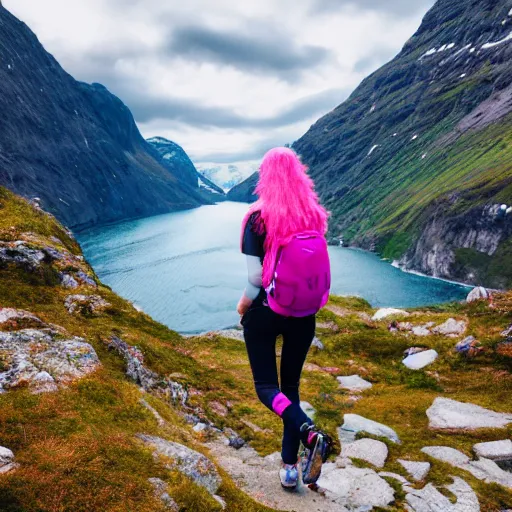 Image similar to a young woman with long pink hair, looking at camera, hiking clothes, tank top, backpack, norway, fjords in background, cinematic, beautiful, stunning, day time, epic, 8 k, 1 6 : 9