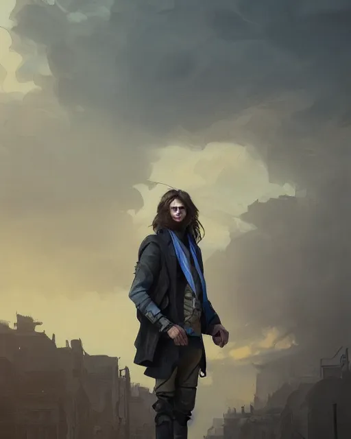 Prompt: portrait, cute young man, long hair, post - apocalyptic, waistcoat, black greatcoat, blue scarf, very detailed, dusk, character illustration, cloudy sky, soft lighting, octane render, greg rutkowski, alphonse mucha, sung choi, 8 k