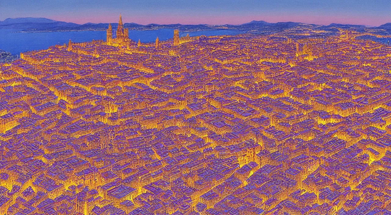 Prompt: isometric drawing of Palma de Mallorca, seen from the sky at night, highly detailed mallorca catedral and puig major as centerpiece , precision drawing, anime, award winning