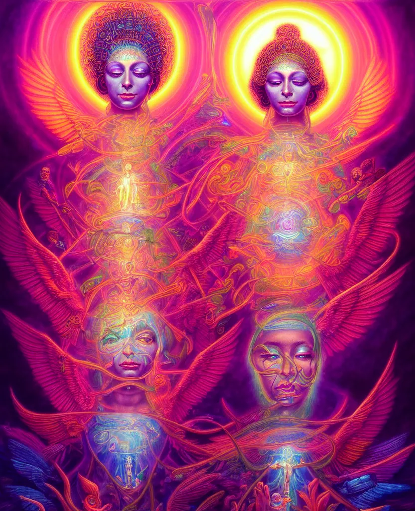 Image similar to a beautiful hyperdetailed painting of divine human spiritual evolution, enlightenment, consciousness, retrowave fantasy, wallpaper, highly detailed, trending on artstation.