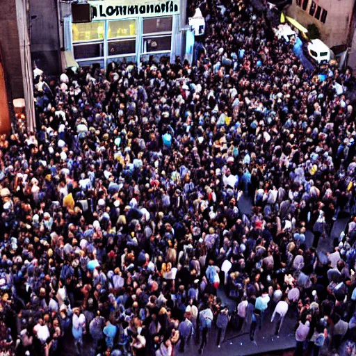 Image similar to a birdseye view of a crowd of people outside of a trendy nightclub in los angeles at night, directed by christopher nolan