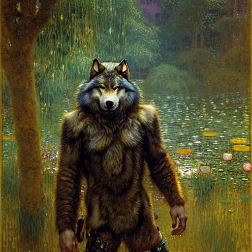 Image similar to portrait of a male wolf wolfman in a pond. shadowrun furaffiniy cyberpunk fantasy highly detailed painting by gaston bussiere craig mullins jc leyendecker gustav klimt artgerm greg rutkowski john berkey, bergey, craig mullins, ruan jia, raymond swanland, jeremy mann, tom lovell, alex malveda