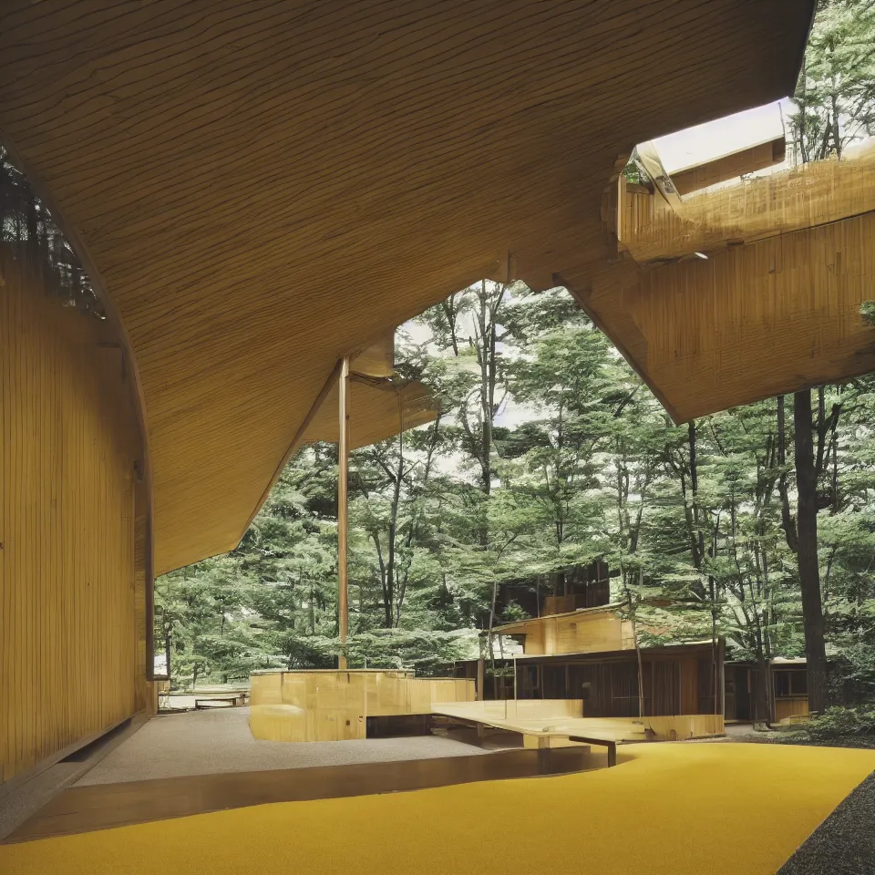 Image similar to architecture ad for a mid-century modern house, designed by Kengo Kuma. Film grain, cinematic, yellow hue