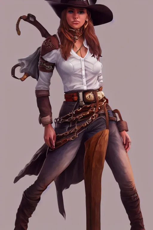 Image similar to full body, female cowgirl, perfect face, white blouse, holster, 8 k, magic the gathering, desert, d & d, artstation, high detail, smooth, sweaty character concepts by senior concept artist