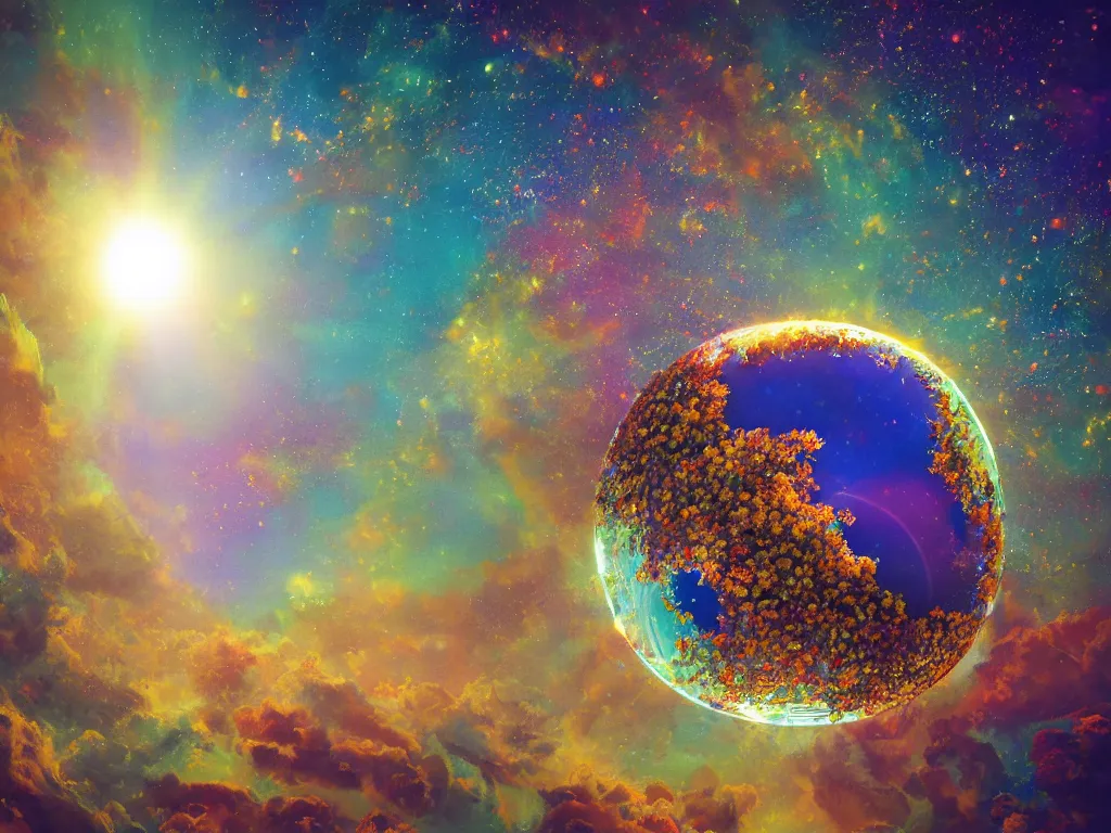 Image similar to sunlight study, the universe is a spheroid region 7 0 5 meters in diameter, art nouveau, kauai, by hans zatzka and ( ( ( ( ( lisa frank ) ) ) ) ), 8 k, sharp focus, octane render