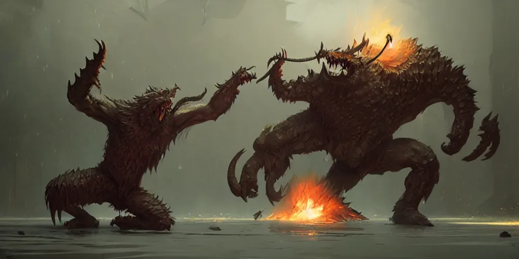 Image similar to hyper realistic fantasy monster fight scene, concept art, by greg rutkowski