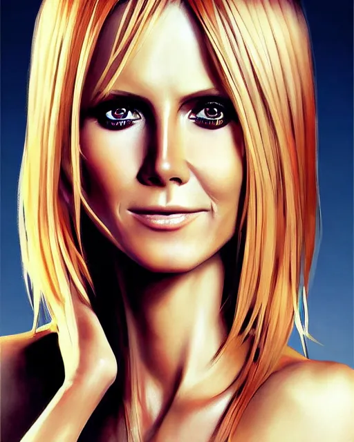 Image similar to portrait of Heidi Klum as Anime girl cute-fine-face, full body! pretty face, realistic shaded Perfect face, fine details. Anime. realistic shaded lighting by Ilya Kuvshinov Giuseppe Dangelico Pino and Michael Garmash and Rob Rey