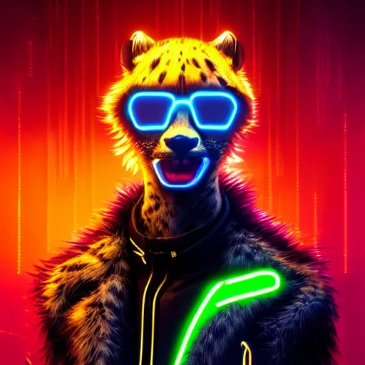 Image similar to a beautiful commission of a male anthropomorphic cheetah wearing a neon jacket,futuristic,detailed face,character design by charles bowater,mohawk,cyberpunk style,deviantart,artstation,art by greg rutkowski,ross tran,professional lighting,neon city,night,raytracing,rtx,highly realistic,4k,dramatic,hyperrealism