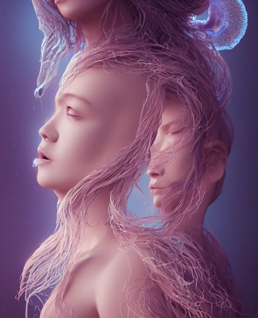 Image similar to goddess portrait. jellyfish phoenix head. intricate artwork by Tooth Wu and wlop and beeple. octane render, trending on artstation, greg rutkowski very coherent symmetrical artwork. cinematic, hyper realism, high detail, octane render, 8k