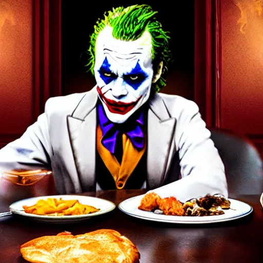Image similar to cinematic shot of the joker sitting at a table in front of a plate of chicken and biscuits and gravy, 8 k, very detailed, very intricate,