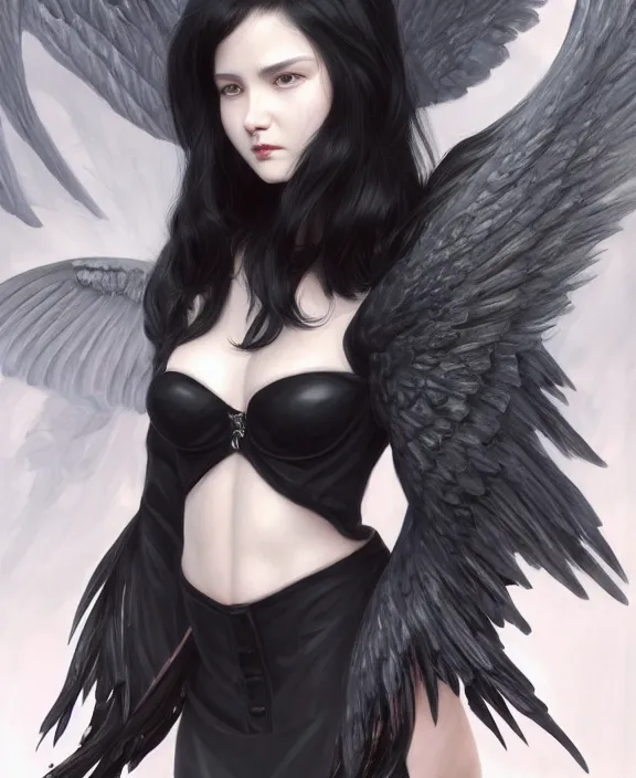 Prompt: beautiful black haired angel girl, black jacket, black bra, gray wings, highly detailed, d & d, fantasy, highly detailed, digital painting, trending on artstation, concept art, sharp focus, illustration, art by artgerm and greg rutkowski and fuji choko and viktoria gavrilenko and hoang lap