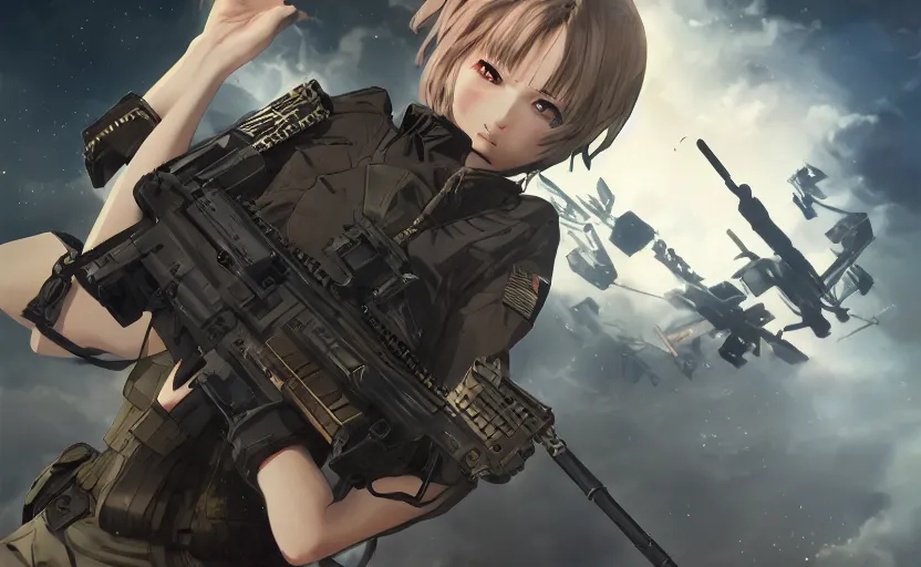 Image similar to highly detailed, high resolution, character design art, stunning, volumetric lightning, realistic guns, girls frontline style, matte, sharp focus, intricate, 150mm, illustration, artstation, by kuvshinov ilya, realistic human anatomy, simple design, realistic military gear, from royal space force the wings of honnêamise movie