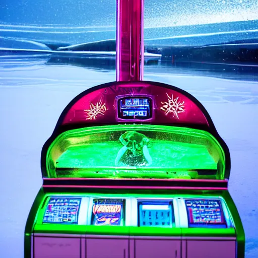 Prompt: a photograph of a ballerina slot machine in the middle of a frozen lake, illuminated by the lens refractions of a green laser.