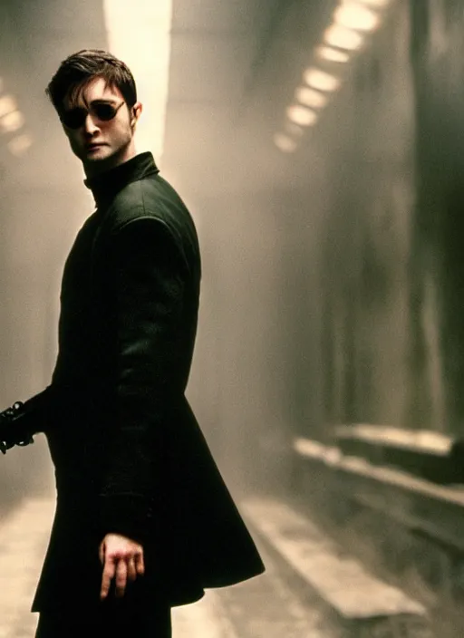 Image similar to film still of Daniel Radcliffe as Neo in The Matrix, 4k