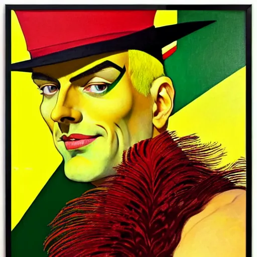 Image similar to art by joshua middleton, a close up portrait of the golden creeper, a tall manically smiling yellow - skinned man with green and black striped cycling shorts and wearing a long red and black striped ostrich feather boa, yellow makeup, mucha, kandinsky, poster, art deco motifs, comic art, stylised design, scarlet feather boa