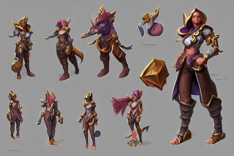 Prompt: Concept art of the new League of Legends Champion, Isometric, Digital Painting, Trending on Artstation, Character Reference Sheet
