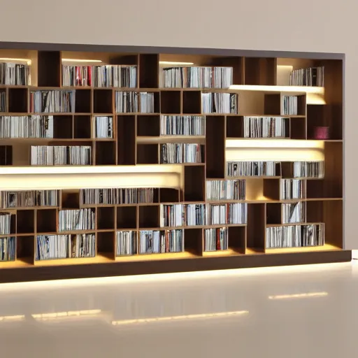 Prompt: wooden bookshelves with led strip lights, homes and gardens, super detailed render,