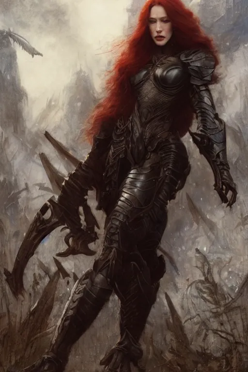 Image similar to muscular redhead kat dennings wearing black armour, bare legs, detailed, by gaston bussiere, bayard wu, greg rutkowski, giger, maxim verehin, greg rutkowski, masterpiece, sharp focus, cinematic lightning