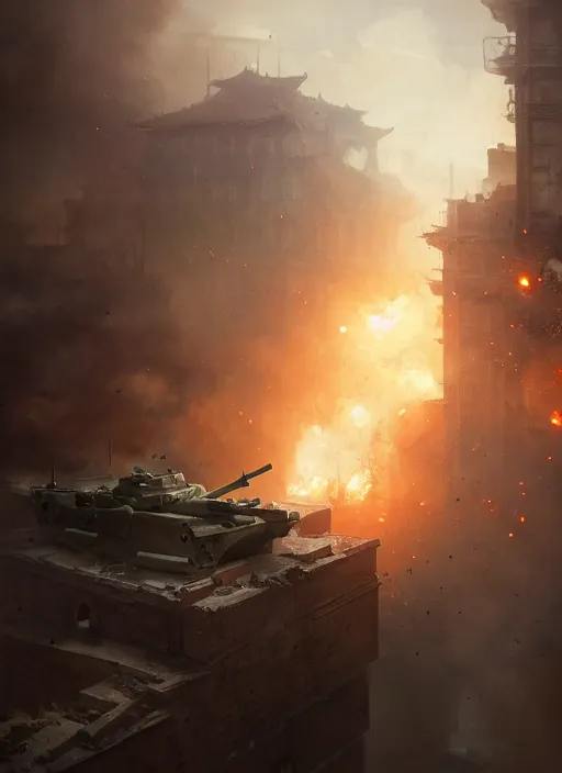 Image similar to A Tank firing his gun to a building causing it to collapse and explode, Battlefield 1, extremely detailed digital painting, in the style of Fenghua Zhong and Ruan Jia and jeremy lipking and Peter Mohrbacher, mystical colors, rim light, beautiful Lighting, 8k, stunning scene, raytracing, octane, trending on artstation