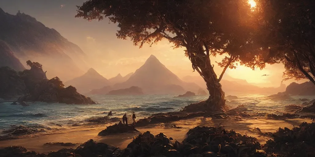 Prompt: beautiful hyper realistic island scenery at sunset, sand, tropical plants, albumcover, beautiful painting by greg rutkowski, ross tran, wlop, set in lord of the rings, starcraft, atmosphere, ethereal, magic, amazing, positive vibes