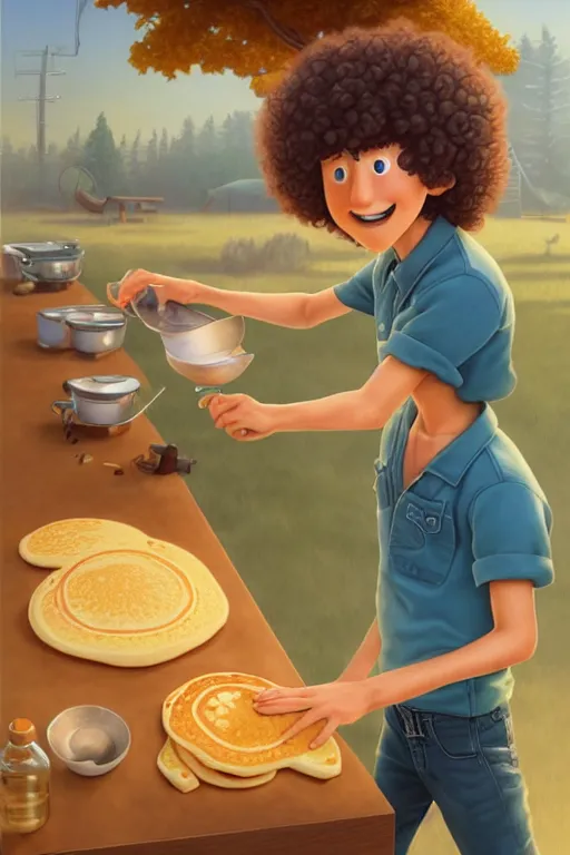 Image similar to young arlo guthrie making pancakes, animation pixar style, by pendleton ward, magali villeneuve, artgerm, rob rey and kentaro miura style, golden ratio, trending on art station