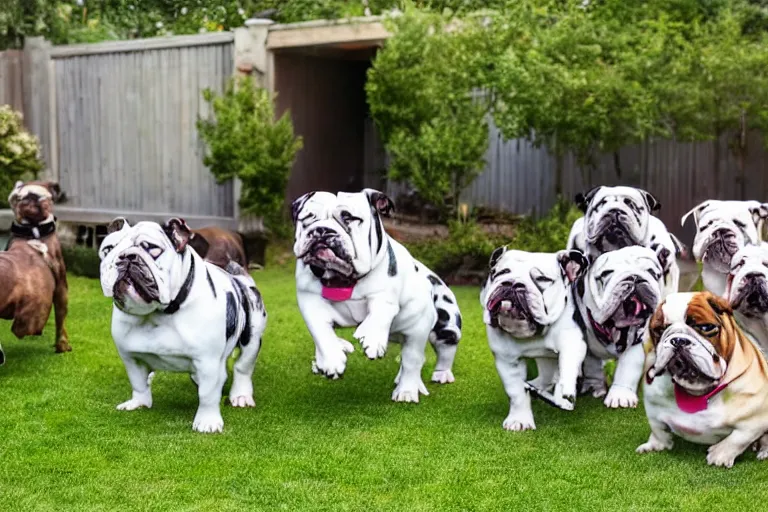 Image similar to a backyard full of bulldogs that are facing directly into the camera