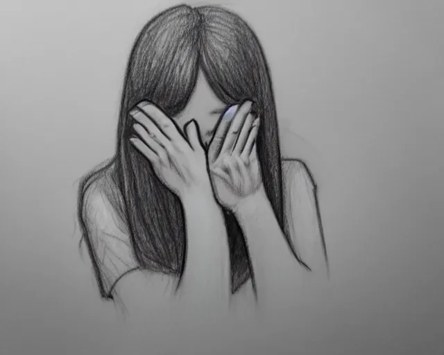 Image similar to a drawing of a woman covering her face with her hands, a sketch by kim eung - hwan, trending on pixiv, context art, pencil sketch, high detail, kinetic