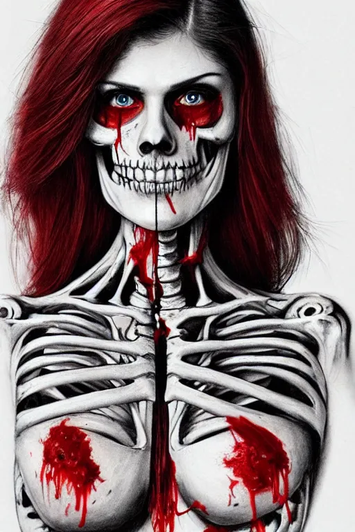 Image similar to skeleton black bones full body tattoo!!, covered with blood, alexandra daddario face!!, long red hair, beautiful blue eyes, ultra realistic, concept art, intricate details, highly detailed, photorealistic, octane render, 8 k, unreal engine. retro film still, heavy grain, 3 5 mm, art by artgerm and greg rutkowski and alphonse mucha