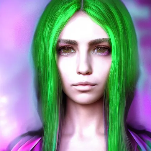 Image similar to portait elissar zakaria khoury lebanese artist, centred, sadness look, long purple hair, hd, unreal engine, final fantasy style amazing green background theme