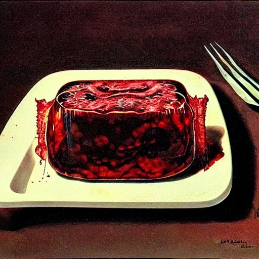 Prompt: meat jelly aspic on bone plate, incenerate painting by david cronenberg, beksinski, bernie wrightson, trending on artstation, horror film, creepypasta