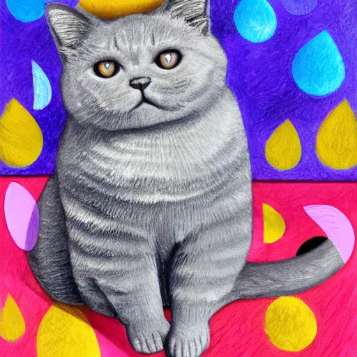 Prompt: grey british shorthair cat sitting playing piano keyboard with colorful abstract musical note background detailed oil pastel painting 4 k