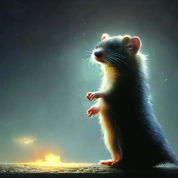 Image similar to a movie still from final fantasy live action, a ferret with personality, evocative, mystical night, sharp focus, very very very very detailed, award winning, masterpiece digital painting by greg rutkowski, alex grey, marc adamus, beautiful dramatic lighting, artstation, 4 k wallpaper, style by peter deligdisch, peterdraws