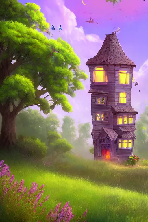 Prompt: beautiful digital matter cinematic painting of whimsical tall house, green hills with lavender bushes, whimsical storybook style by greg rutkowki artstation