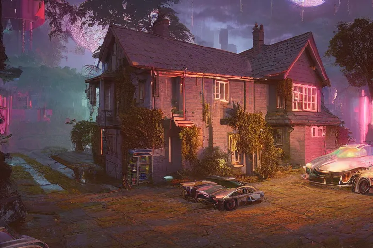 Image similar to cyberpunk, an estate agent listing photo of a 5 bedroom detached house in the countryside, by Paul Lehr, highly detailed, photorealistic, unreal engine, 8k, anamorphic, cinestill cinematrography