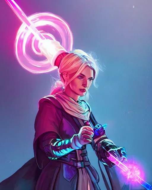 Prompt: A witch wielding a futuristic power staff, digital apex legends illustration portrait, gorgeous lighting, wide angle action dynamic portrait, perspective shot, art by Nick Sullo, Pink and blue palette,