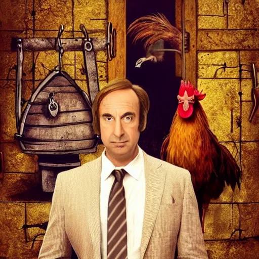 Image similar to saul goodman and a rooster in a medieval torture chamber, scary torture devices in the background, horror movie, saul goodman, rooster, real life photo, detailed face