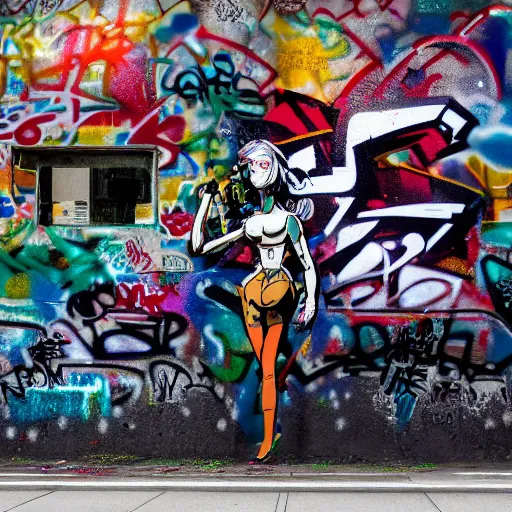 Prompt: high definition photograph shot with canon ef - s 5 5 - 2 5 0 mm f / 4 - 5. 6, low focal point : ( subject = graffiti on a wall + subject detail = queen baroque expressionist cyborg machine goddess, background color splatters, by katsuhiro otomo )