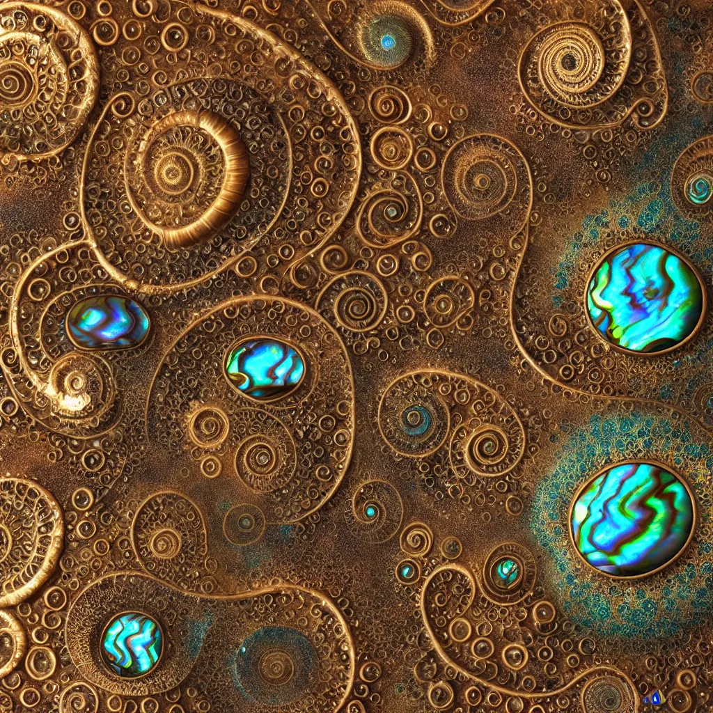 Prompt: bubbles in cresting oil slick waves, ammonites, abalone, ornate art nouveau patina copper ornament, rococo, organic rippling spirals, octane render, glass art forms from nature by ernst haeckel