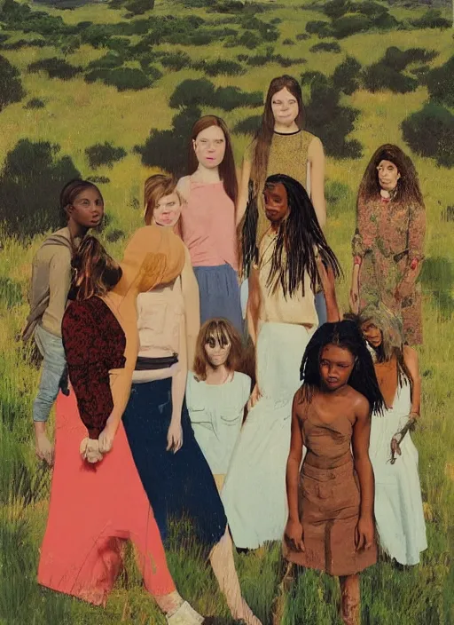 Prompt: composition by justine kurland, a zoomed out portrait of a group of beautiful diverse girls in diverse clothing in a scenic representation of mother nature and the meaning of life by billy childish, thick visible brush strokes, shadowy landscape painting in the background by beal gifford, vintage postcard illustration, minimalist cover art by mitchell hooks