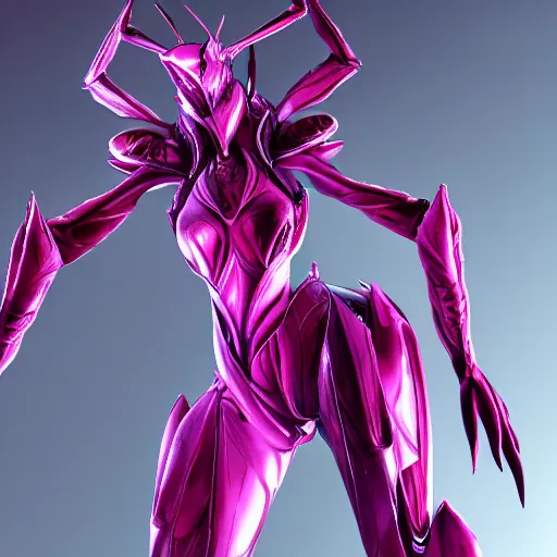 Image similar to ant pov from the floor, looking up, at a highly detailed, exquisite and beautiful giant female warframe, standing elegantly, unaware of your tiny existence, off-white plated armor, slick elegant design, bright Fuchsia skin, sharp claws, close full body shot, epic cinematic shot, realistic, professional digital art, high end digital art, DeviantArt, artstation, Furaffinity, 8k HD render, epic lighting, depth of field