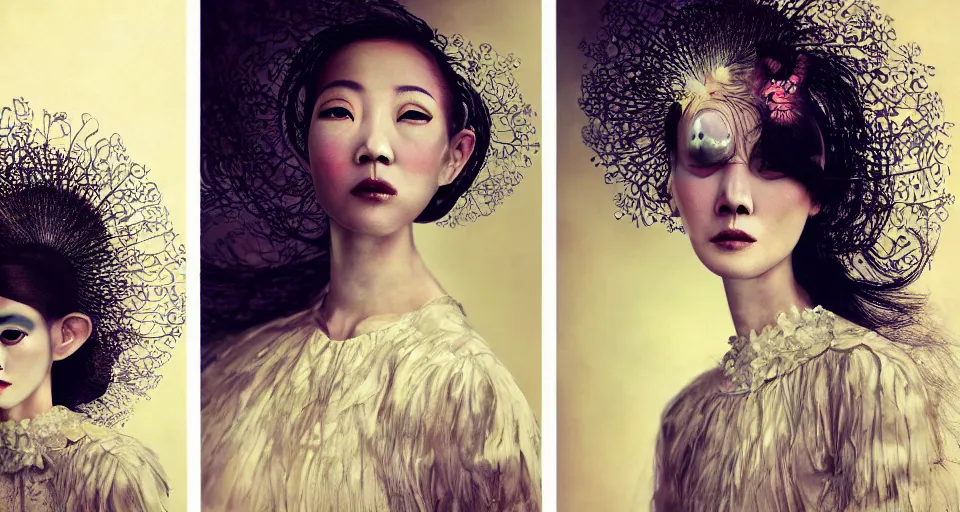 Image similar to closeup shot of asian female wearing a luminous soft fragile jelly fish dress, symmetrical face, by ray caesar, by louise dahl wolfe, by andrea kowch, by anna claren, surreal photography