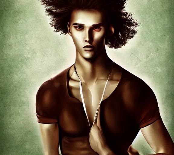 Image similar to extremely beautiful young man with hyperealistic eyes, digital art, vivid background, seductive.