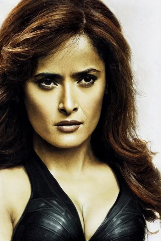 Prompt: salma hayek as black widow in the avengers, portrait realistic photograph, very detailed face