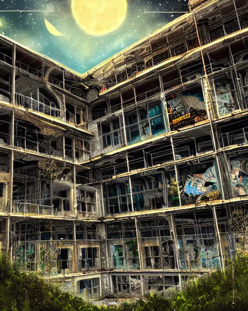 Prompt: a beautiful hyperdetailed illustration of nature unfinished building mine architecture building industrial architecture city urbex abandoned by rafael aranda, liberty city flowers sci - fi at spring cgsociety nightsky, archdaily, wallpaper, highly detailed, trending on artstation.