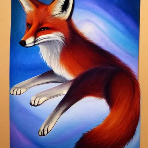 Image similar to a fox laying back relaxing, dreaming of infinity, elegant color palette