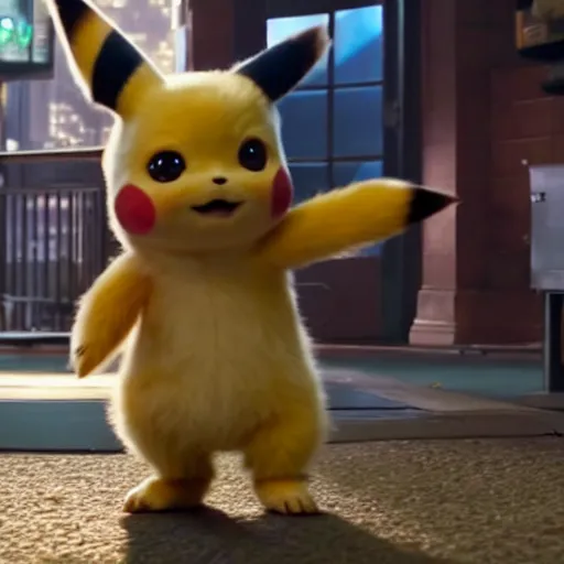 Prompt: Movie still of detective Pikachu on Jurassic Park