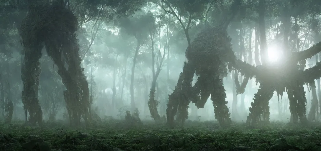 Image similar to a complex organic fractal 3 d metallic symbiotic ceramic humanoid megastructure creature in a swampy lush forest, foggy, sun rays, cinematic shot, isometric, photo still from movie by denis villeneuve, wayne barlowe