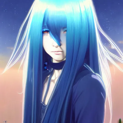 Image similar to attractive long blue - haired girl with bangs gothic anime character with gold eye color, fantasy, screenshot, anime, sharp focus, intricate, illustration, cell shaded, oil painting, highly detailed, concept art, matte, art by ilya kuvshinov and kyoto animation and wlop, and greg rutkowski, studio quality, james jean, artem demura