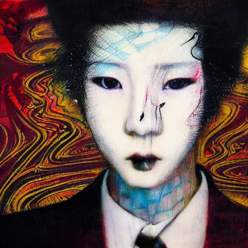 Image similar to yoshitaka amano blurred and dreamy realistic three quarter angle portrait of a k - pop idol with black lipstick and black eyes wearing dress suit with tie, junji ito abstract patterns in the background, satoshi kon anime, noisy film grain effect, highly detailed, renaissance oil painting, weird portrait angle, blurred lost edges