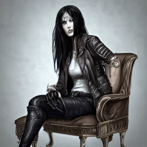 Image similar to a woman with black hair and a leather jacket and a grey shirt, sitting on a chair in a run down hotel room upset, muscular upper body, abs, gritty, d & d, fantasy, intricate, elegant, highly detailed, digital painting, artstation, smooth, sharp focus, illustration, unreal engine 5, face enhance, masterpiece